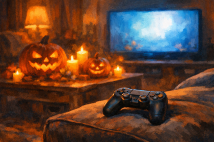 Ett mörkt vardagsrum där en spelkontroll ligger på soffan framför en tv som lyser i orange och blått, med Halloween-pumpor på bordet.